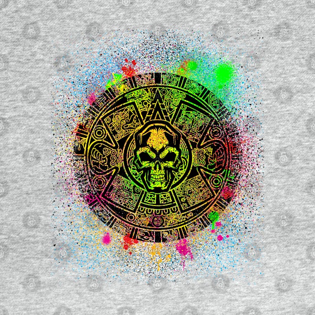 Spray Paint Aztec Calendar Skull - Graffiti Raving Design by Sixth Cycle